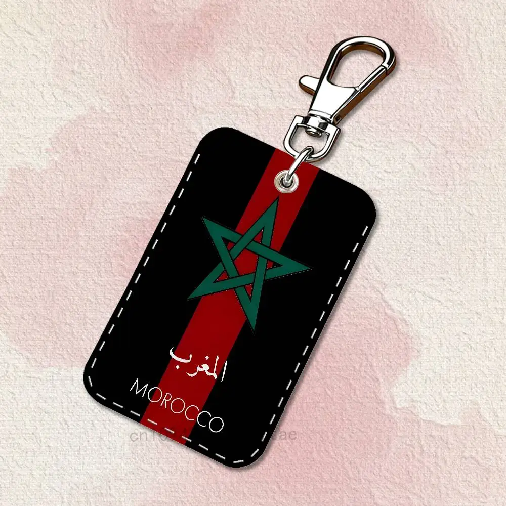 M-Morocco Flag  Rectangle Card Case Keychain Access Card Bag Key Tag Ring Leather Card Holder Key Ring Access