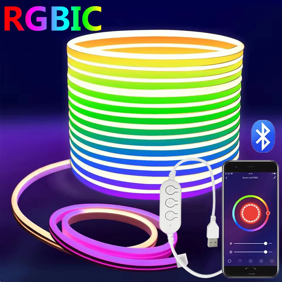 5V USB RGBIC Neon LED Strip 1/2/3M Bluetooth App Control Flexible Neon Rope RGBIC Strip Light for Neon Decor Lighting