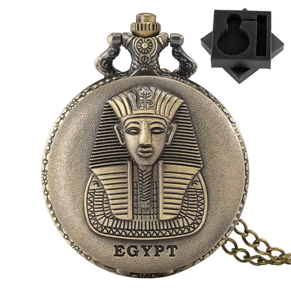 Vintage Bronze Egyptian Pharaoh Pocket Watch Retro Embossed Quartz Necklace Pendant Full Hunter Watch Collection Gift