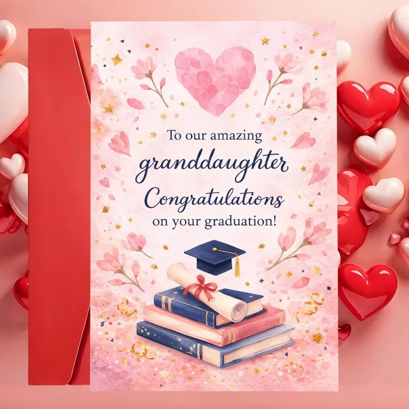Elegant graduation card decorated with pink watercolor hearts, books, caps and diplomas. "To our wonderful granddaughter, congratulations on your graduation." For granddaughter, graduation, watercolor, floral style greeting cards