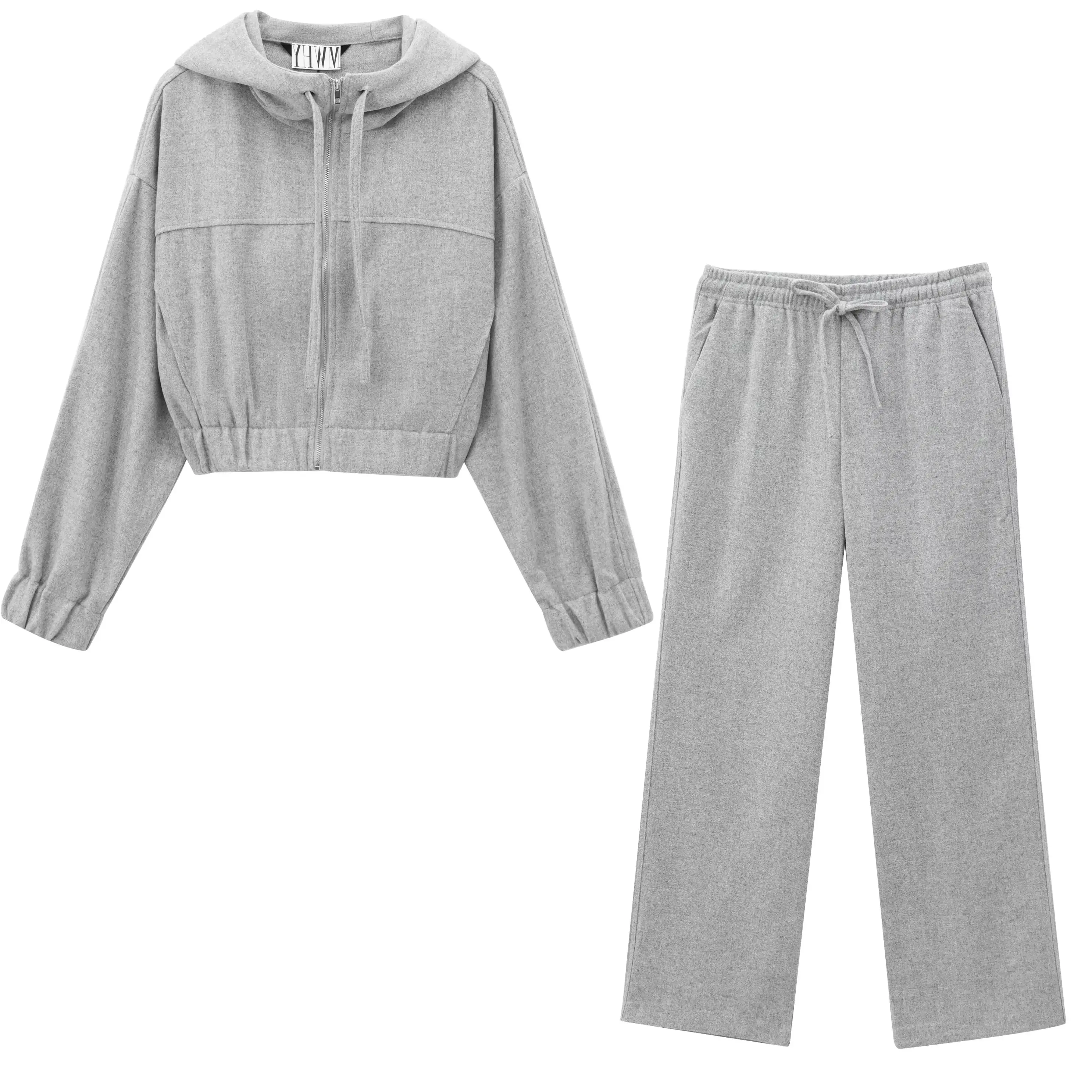 

KONDALA шикарный однотонный серый женский костюм на молнии с капюшоном, тонкий воротник, женская уличная одежда, верхняя одежда, прямые широкие кружевные брюки с высокой талией