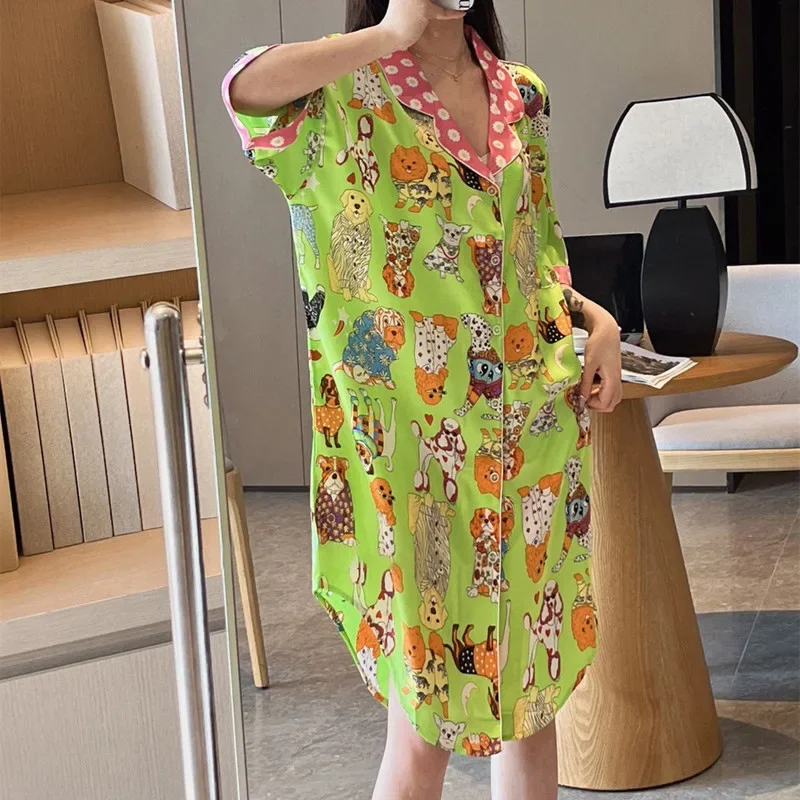 Spring Summer Thin American Puppy Lapel Cardigan Pajamas New Fashionable Women\'s Nightgown Camisones Para Dormir Nighty Dress