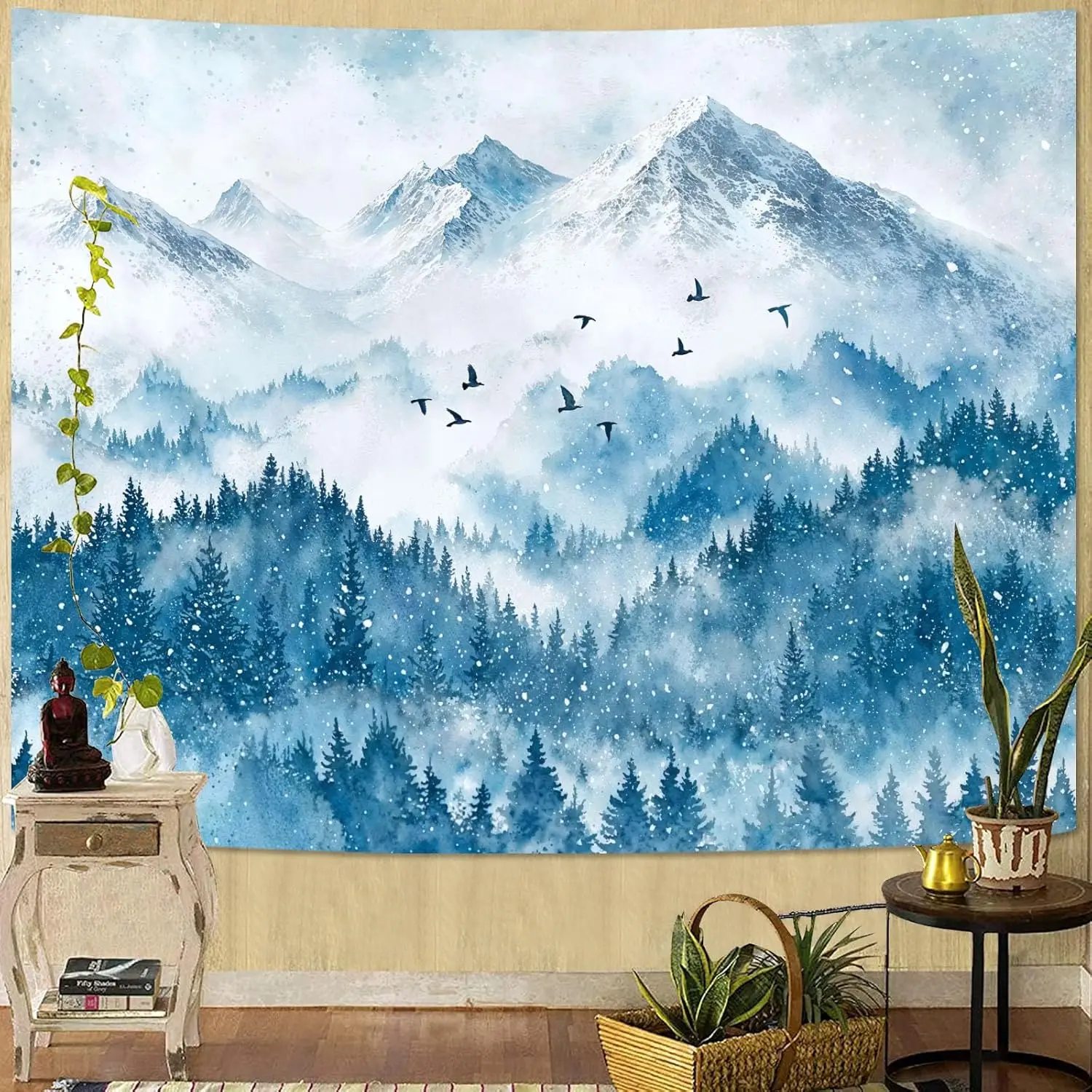 Winter Snowy Mountain Tapestry – Watercolor Pine Forest Wall Art, Serene Nature Landscape Decor for Bedroom, Living Room, Dorm