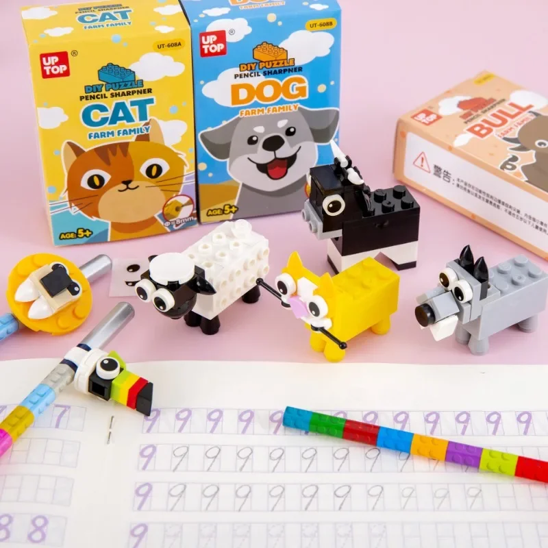 1pcs Cartoon Animal Series Cat/Dog/Sheep/Cow DIY Building Block Assembly Pencil Knife Children's Favorite Stationery