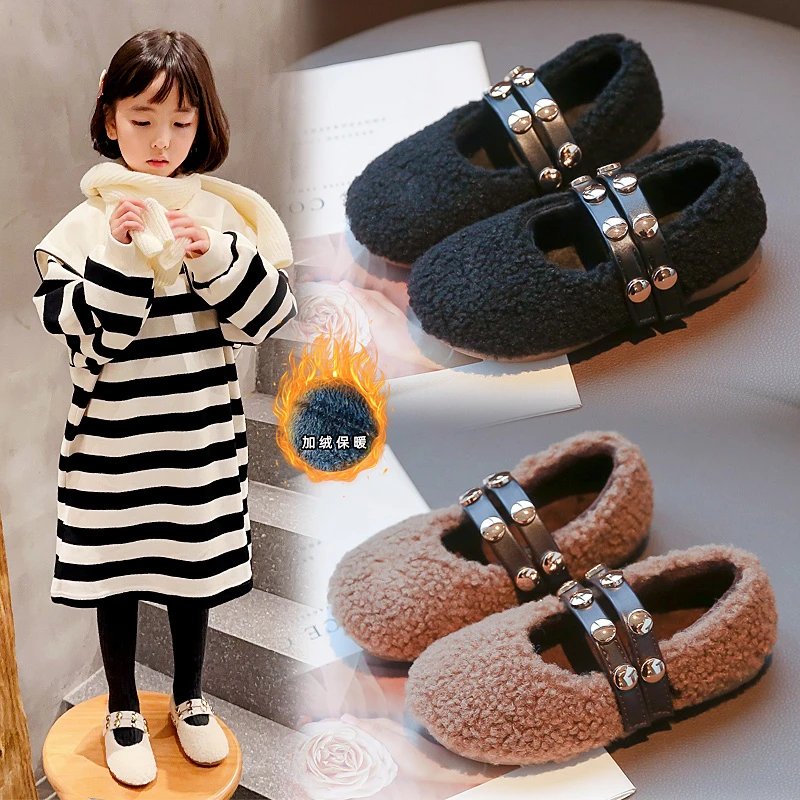 

Casual Children's Shoes Fur Autumn Female FootwearWinter 2025 Dress Flat Shoes Flat Fleece High quality girls Warm Shoes