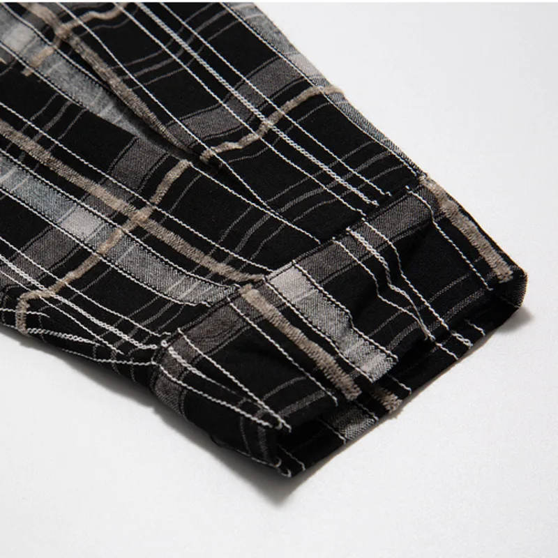 Hip Hop Men Plaid Shirt Streetwear Patchwork Button Up Long Sleeve Cotton Shirt 2024 Summer Harajuku Vintage Casual Loose Shirts