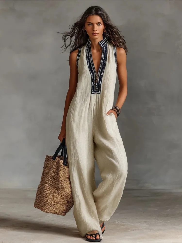 

Women's New Sleeveless Jumpsuits Summer Fashion Stand Collar Loose Pocket Wide Leg Pants Jumpsuit Women's Holiday Party Jumpsuit