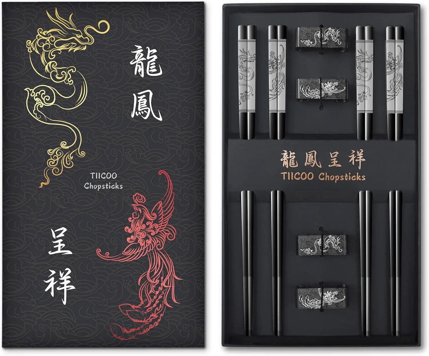 

Набор палочек для еды из нержавеющей стали «Дракон и Феникс» — 4 пары с подставкой, нескользящие, можно мыть в посудомоечной машине, в элегантной подарочной упаковке