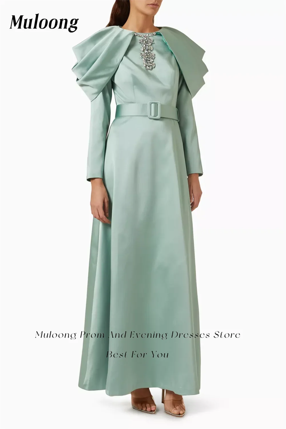 Muloong Light Green O Neck Maxi Dress Pleated Sleeves Ankle Length A Line Classic Evening Dress Crystal Saudi Aribia Prom Gown