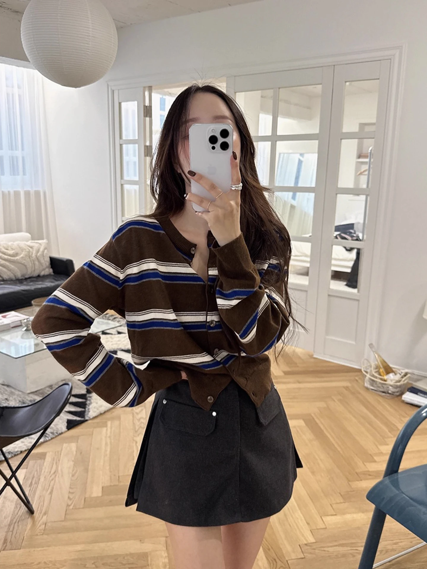 Cardigan ouvert tricoté à rayures pour femmes, amincissant, couleur Blo, Long, rond, vêtements d'extérieur, nouvelle collection automne, polyvalent