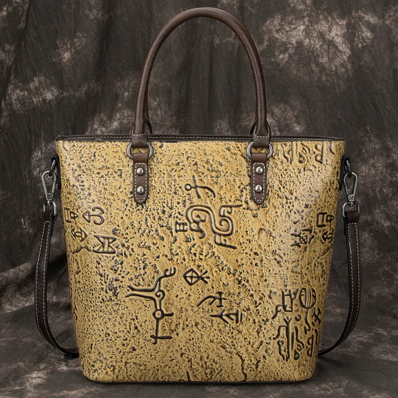 Johnature Vintage Casual Tote Borsa da donna in vera pelle 2024 Nuove borse a tracolla e a tracolla in pelle bovina con goffratura di grande capacità