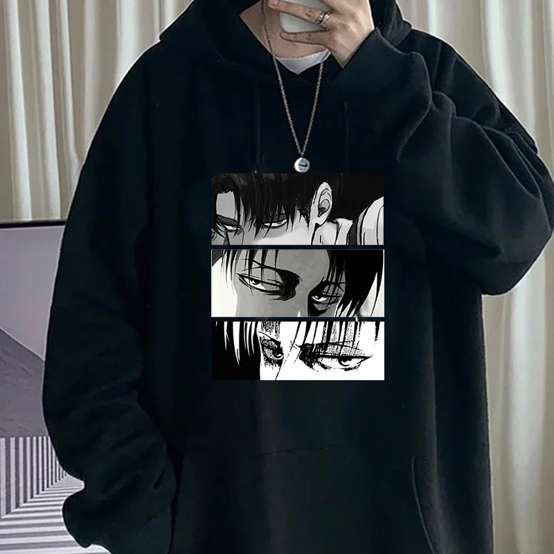 

Men's and women's hooded sweatshirts with the image of Levi Ackerman from Attack on Titan, casual streetwear in Harajuku style