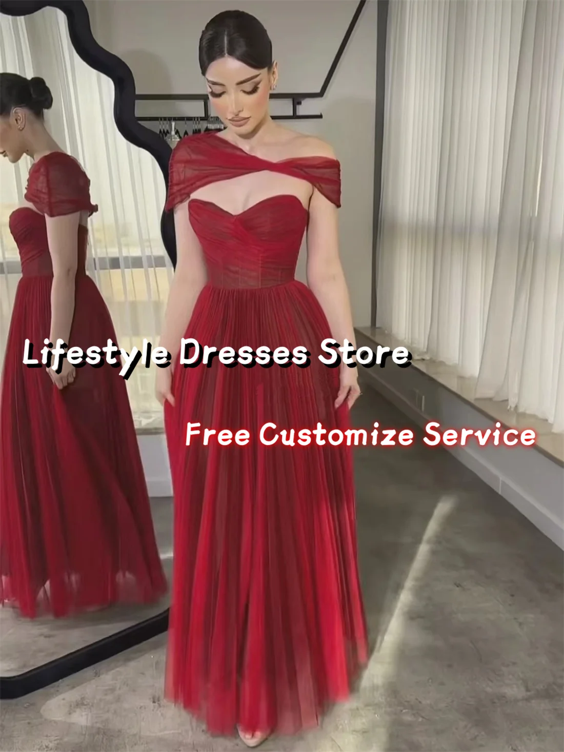 Customized Red Tulle Prom Dresses A-Line Sleeveless Sweetheart Graduation Dresses 2024 Women Elegant Formal Dress With Cape