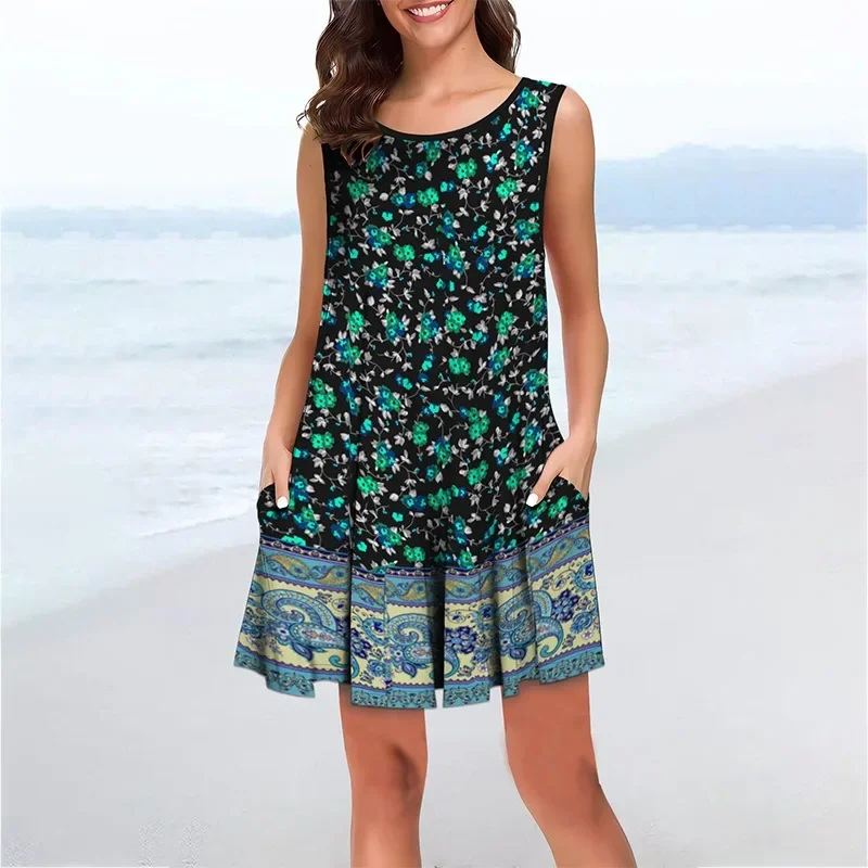 

2024 Spring Summer Women's Clothing Fashion Casual Printing Round Neck Bohemian Medium Dress Temperament And Fashion