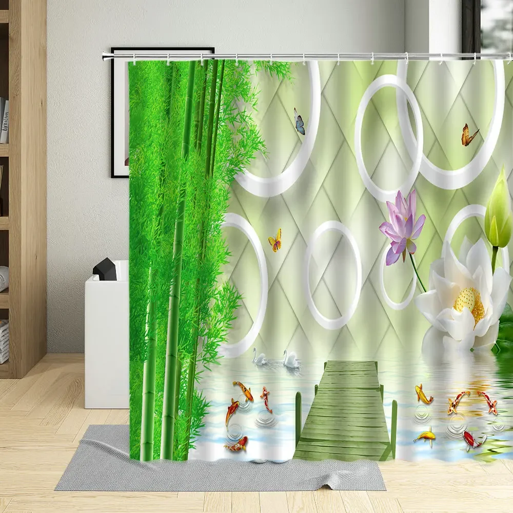 3D Three-dimensional Bamboo Shower curtain Lotus Fish Butterfly Bird Bathroom Home Decorative Cloth With Hook Washable Fabric