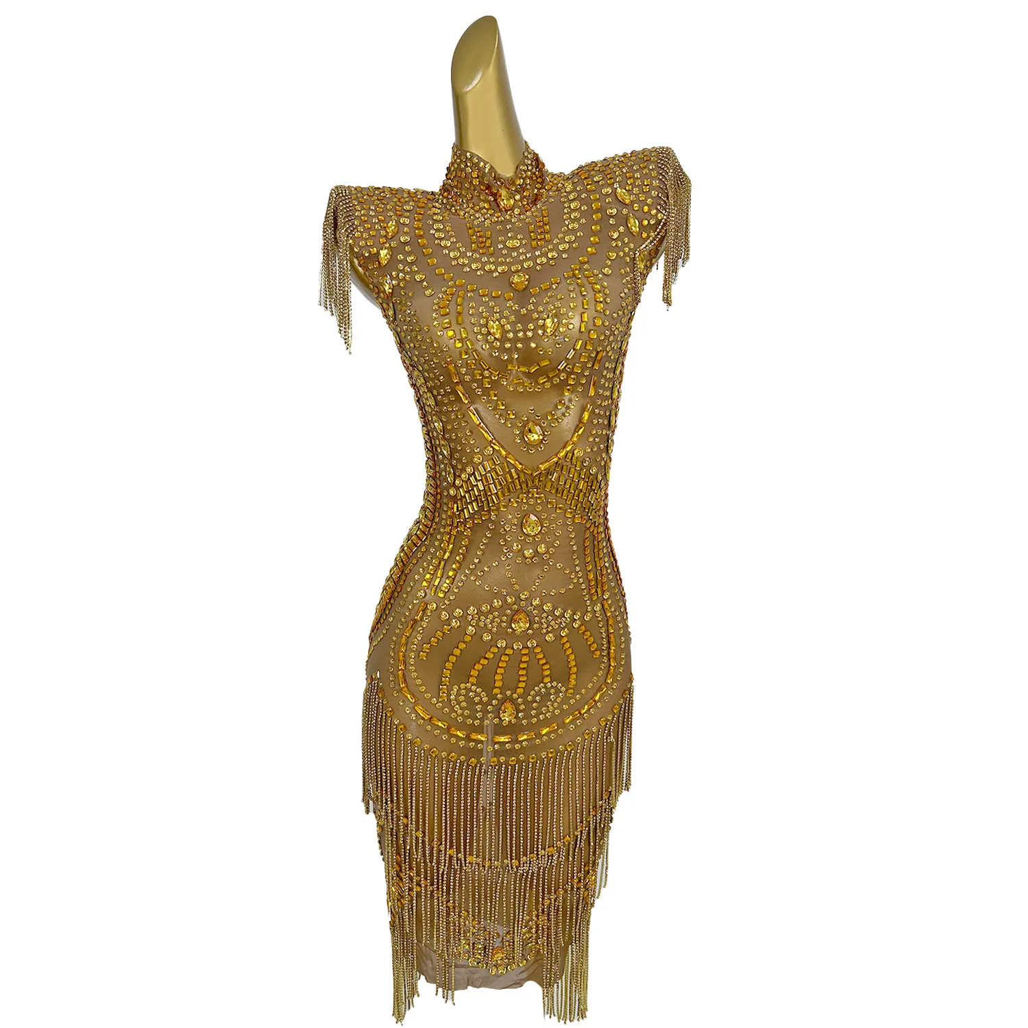 Women Transparent Gold Diamond Party Dress Birthday Luxury Costume Fancy Brilliant Dancer Wedding Dress Impressive Dress Luogu