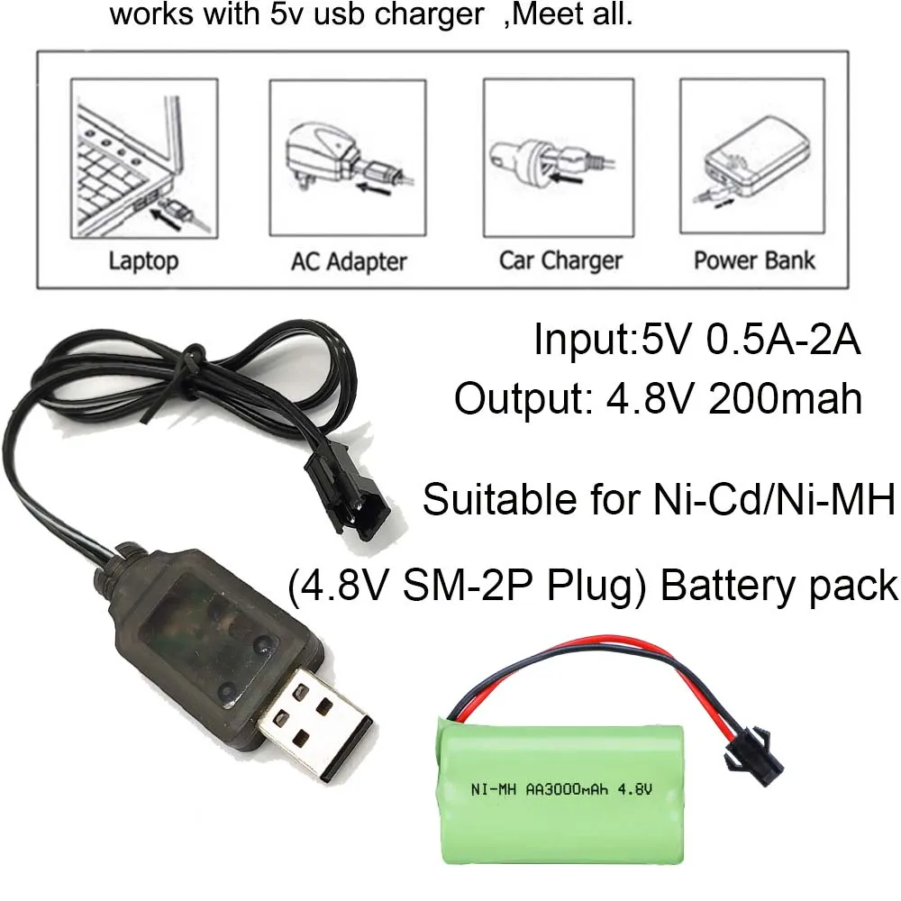 Charging Cable Battery USB Charger Ni-Cd Ni-MH Batteries Pack SM-2P Plug Adapter 3.6v 3.7v  4.8v  250mA Output Toys Car Drop