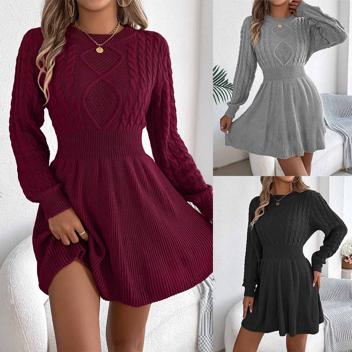

European-American Dress Premium-Weight Cable Knit Dress Figure-Flattering Cinched Lantern Dress Puff Sleeve A-Line Dresses