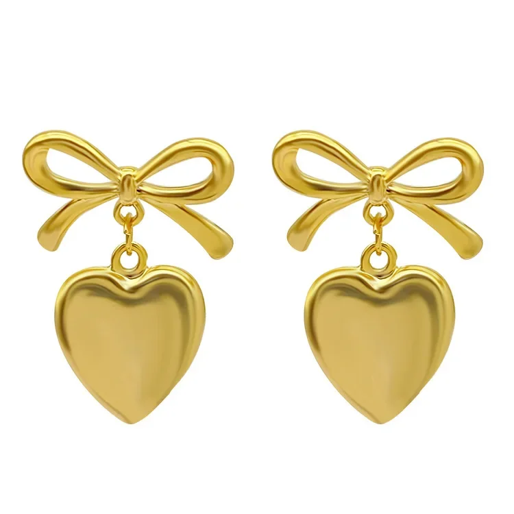 2024 Bow V Shape Pendant Earrings Gold Heart Earrings for Women Fashion Bow Dangle Studs Earrings