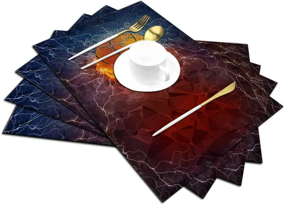 Basketball Placemats Set of 4, Sport Basketball Between Frozen and Flame Placemats Heat Resistant for Dining Table Non-Slip