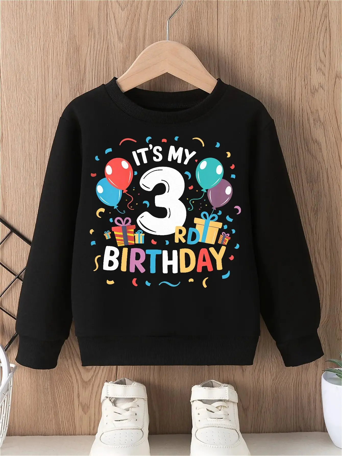 

Boys' Hoodless Sweatshirt with 3rd Birthday 'BIRTHDAY' in Multicolored Letters Vibrant Celebratory 3rd Birthday Design tops