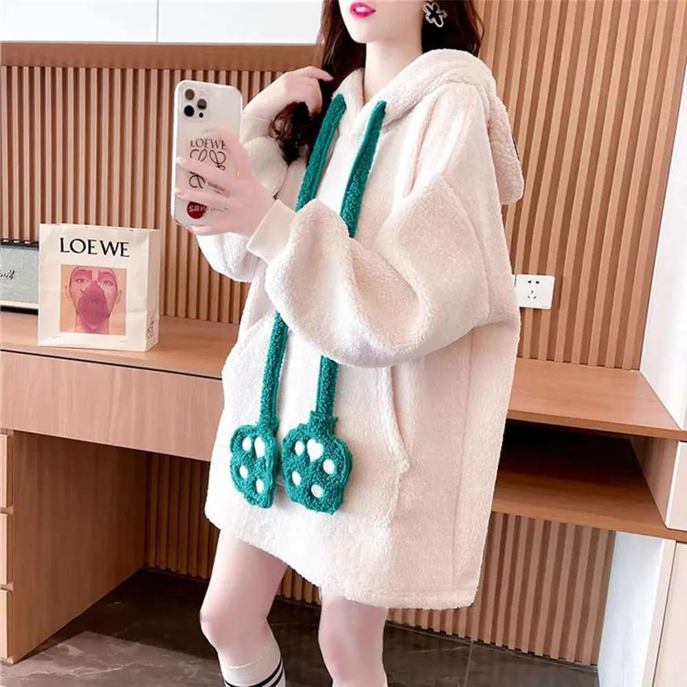 Casual Pink Kawaii Plush Sweatshirt Jacket Warm Rabbit Ears Hoodies Female Autumn Winter Cute Cartoon Print Sweatshirts Pullover