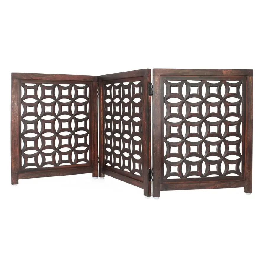 

Foldable Pet Dog Safety Gate 3 Panels 20Wx24H Hand Carved Solid Wood And MDF Free Standing Portable Indoor Doorway Hall Stairs D