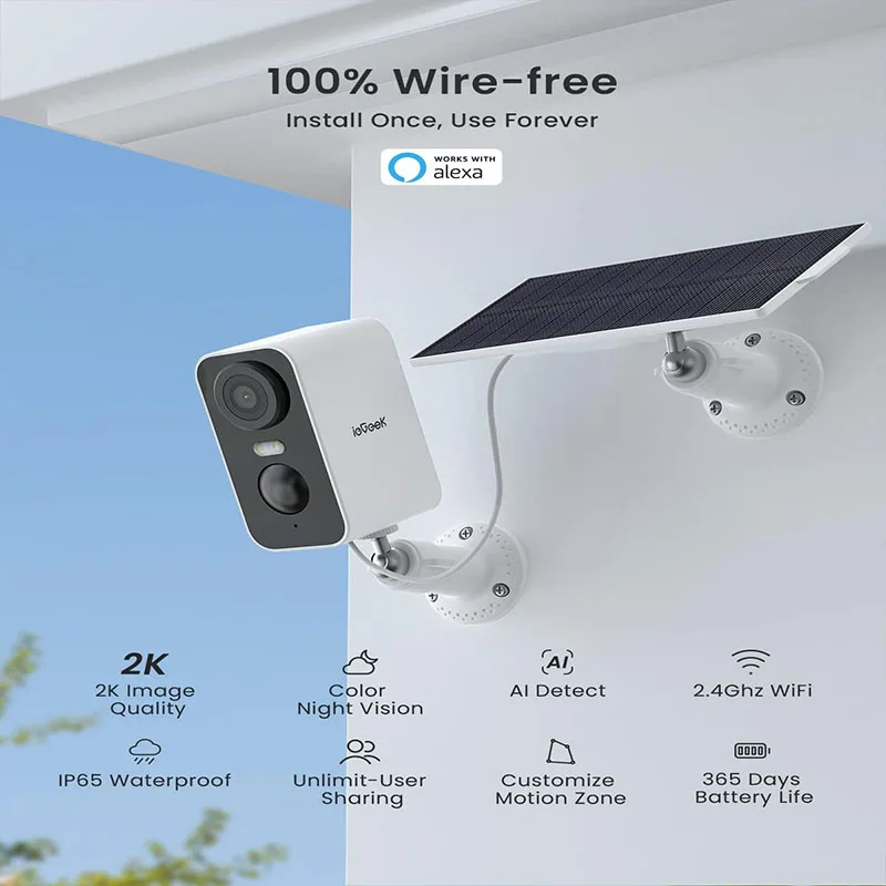 ieGeek2K WIFI Security Camera with 1.5W Solar Panel ， Night Vision Color, AI Motion Detection, Bi-Directional Audio，Alexa/IP65