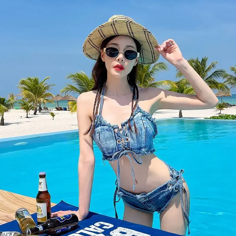 مثير الدينيم بيكيني 2 قطعة مايوهات عطلة ملابس السباحة امرأة