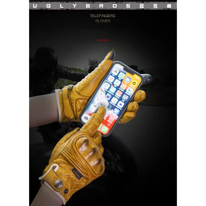 Uglybros Goat Genuine Leather Motorcycle Gloves Touch Screen Vintage Moto Gloves Protection Retro Motorbike Glove SizeXs-3XL