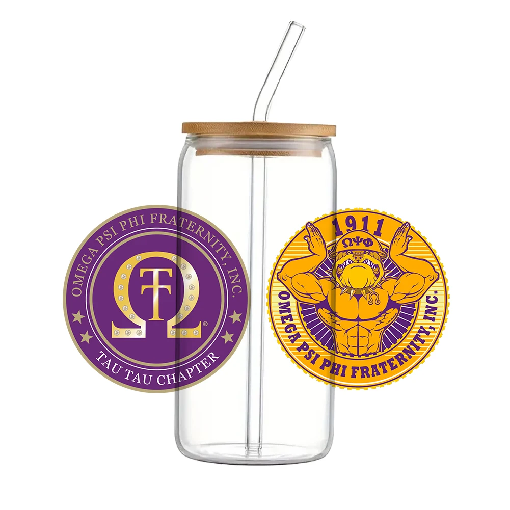 Omega psi phi fraternity UV DTF dovést nálepka vodotěsný převody obtisky pro 16oz sklo pohár balit nálepky