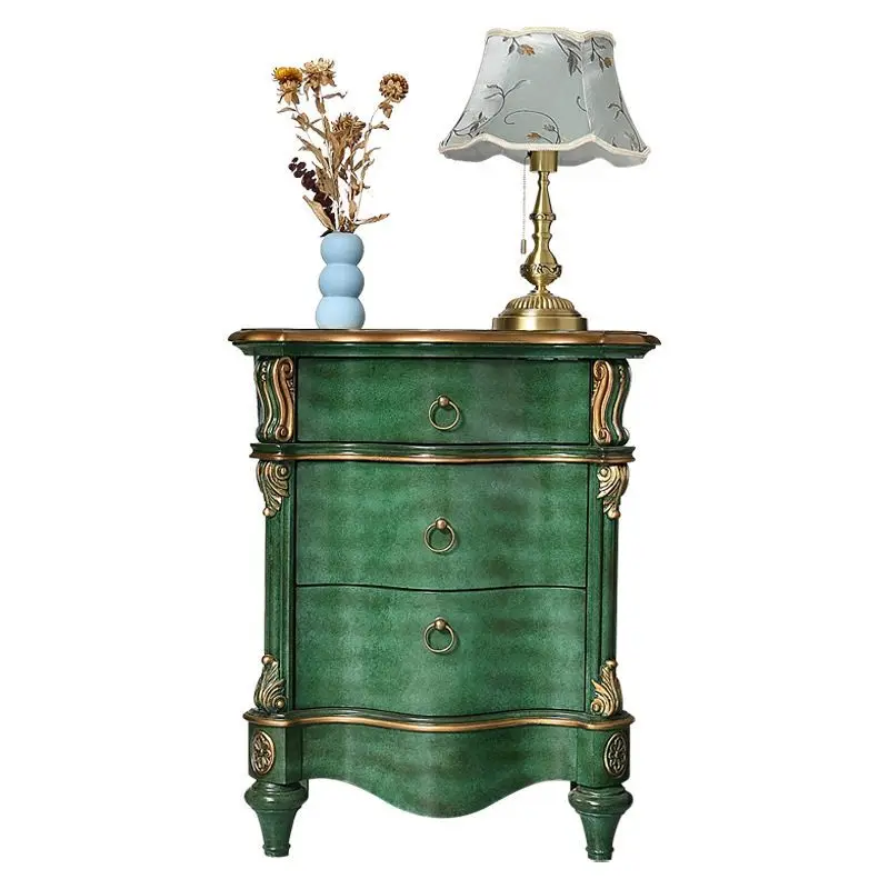American retro bedside table, European gold painting, solid wood bedroom side cabinet, large capacity storage