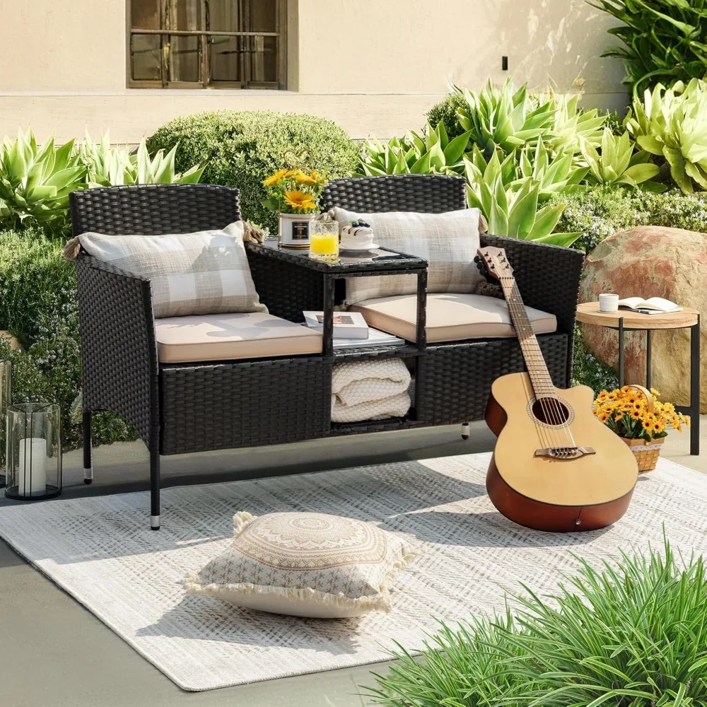 Pátio ao ar livre loveseat moderno rattan 2 lugares pátio conversa conjunto com almofadas & mesa de centro embutida móveis varanda