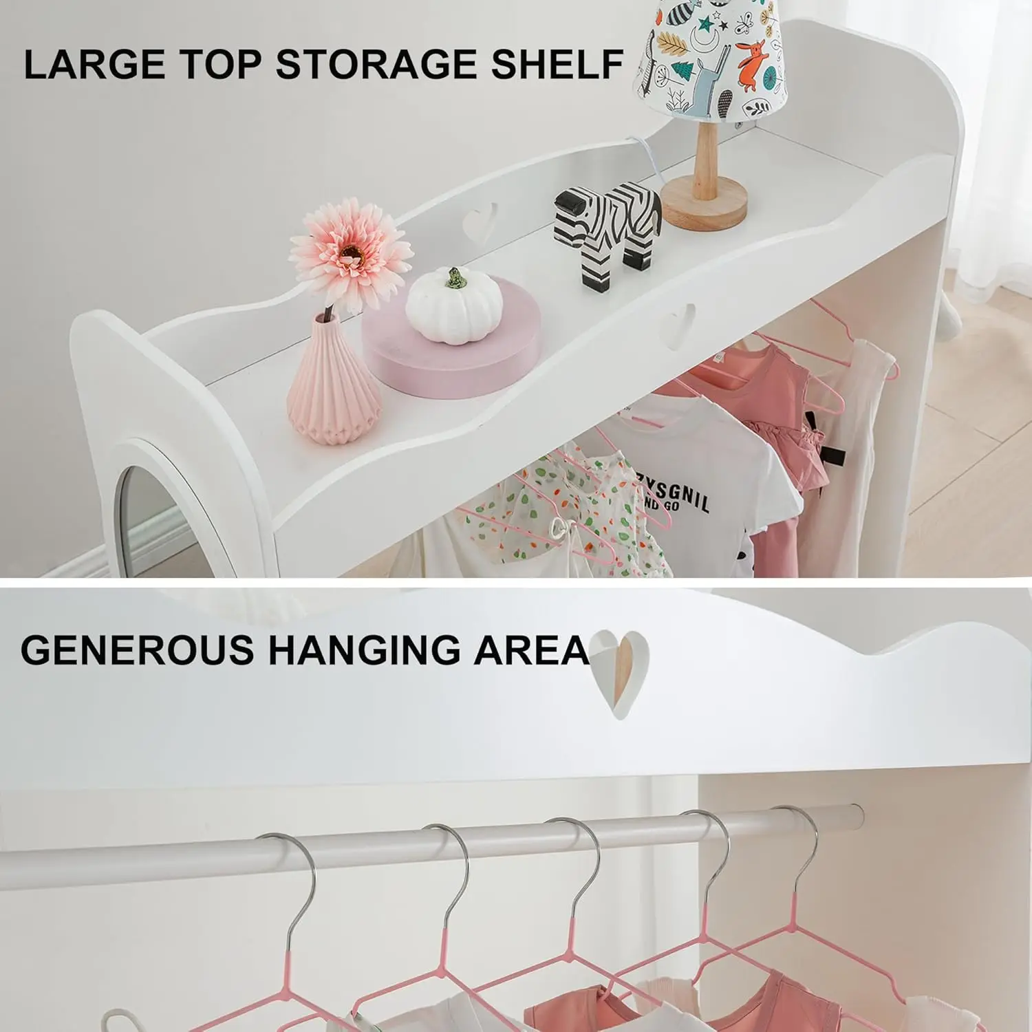 خزانة ملابس من Armoire مع مرآة، خزانة ملابس معلقة مفتوحة مع رف ملابس، خزانة تخزين أزياء الأطفال الصغار، خزانة تخزين أزياء الأطفال