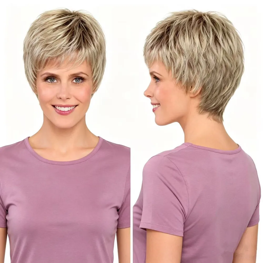 Short Blonde Pixie Cut Wigs for Women Ombre Synthetic Wig with Bangs Natural Looking Heat Resistant Fiber Wig for Daily Party