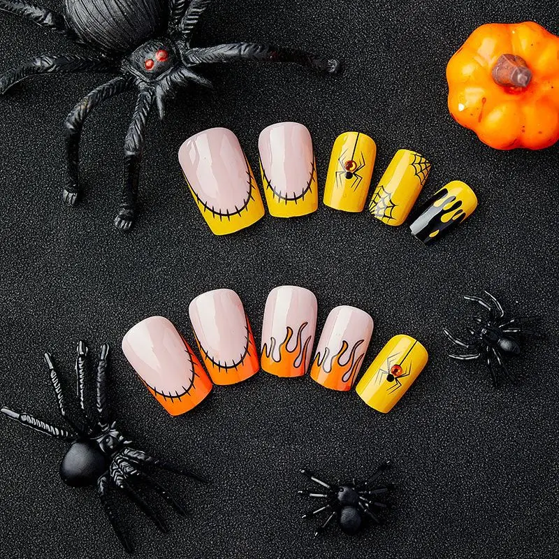 

24Pcs Medium Square Press on Nails - Halloween Glow in the Dark Design with Black & Yellow Spider Flame Pattern