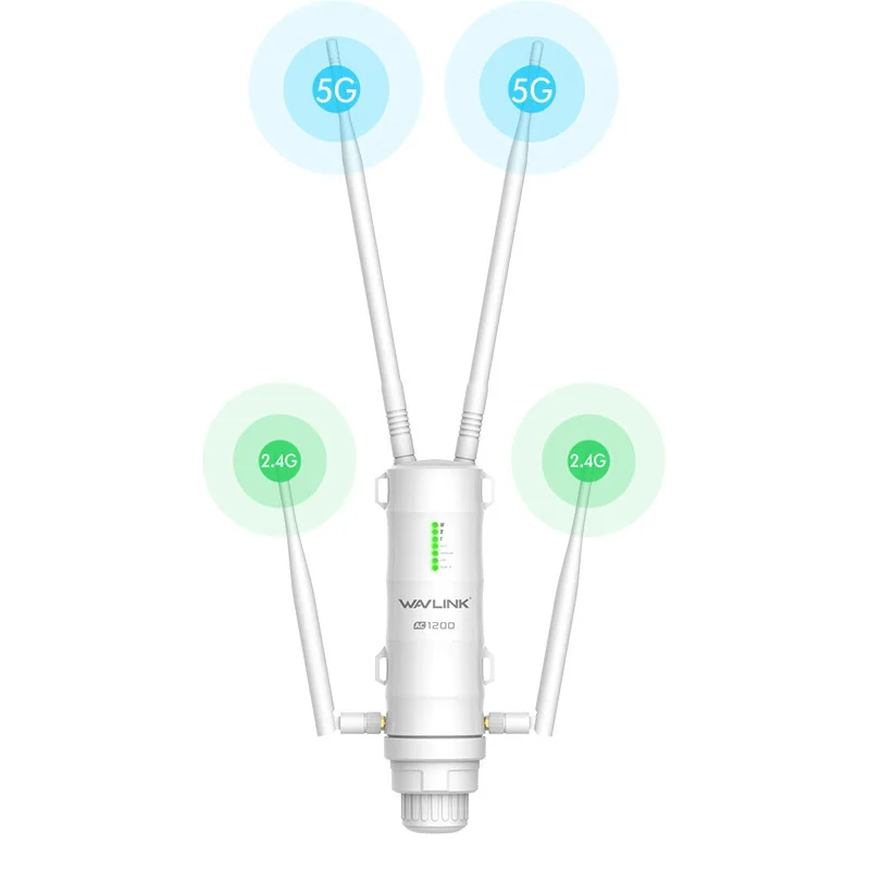 Repetidor de alta potencia para exteriores, Cable de red POE a prueba de lluvia, AC1200Mbps, doble frecuencia