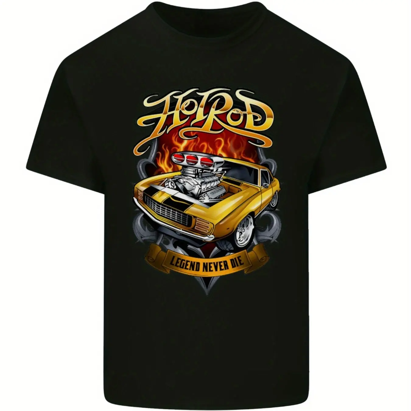 

Retro Car Flame and "Family Never Dies" Design Breathable Stretch Crew Neck Short Sleeve Top