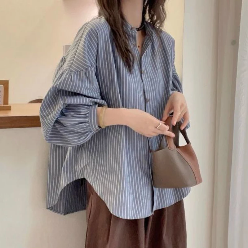

Women Japanese Style Striped Button Up Shirt Casual Commute Stand Collar Blouse Long Sleeve Loose Tops Blusas Blusas Para Mujer