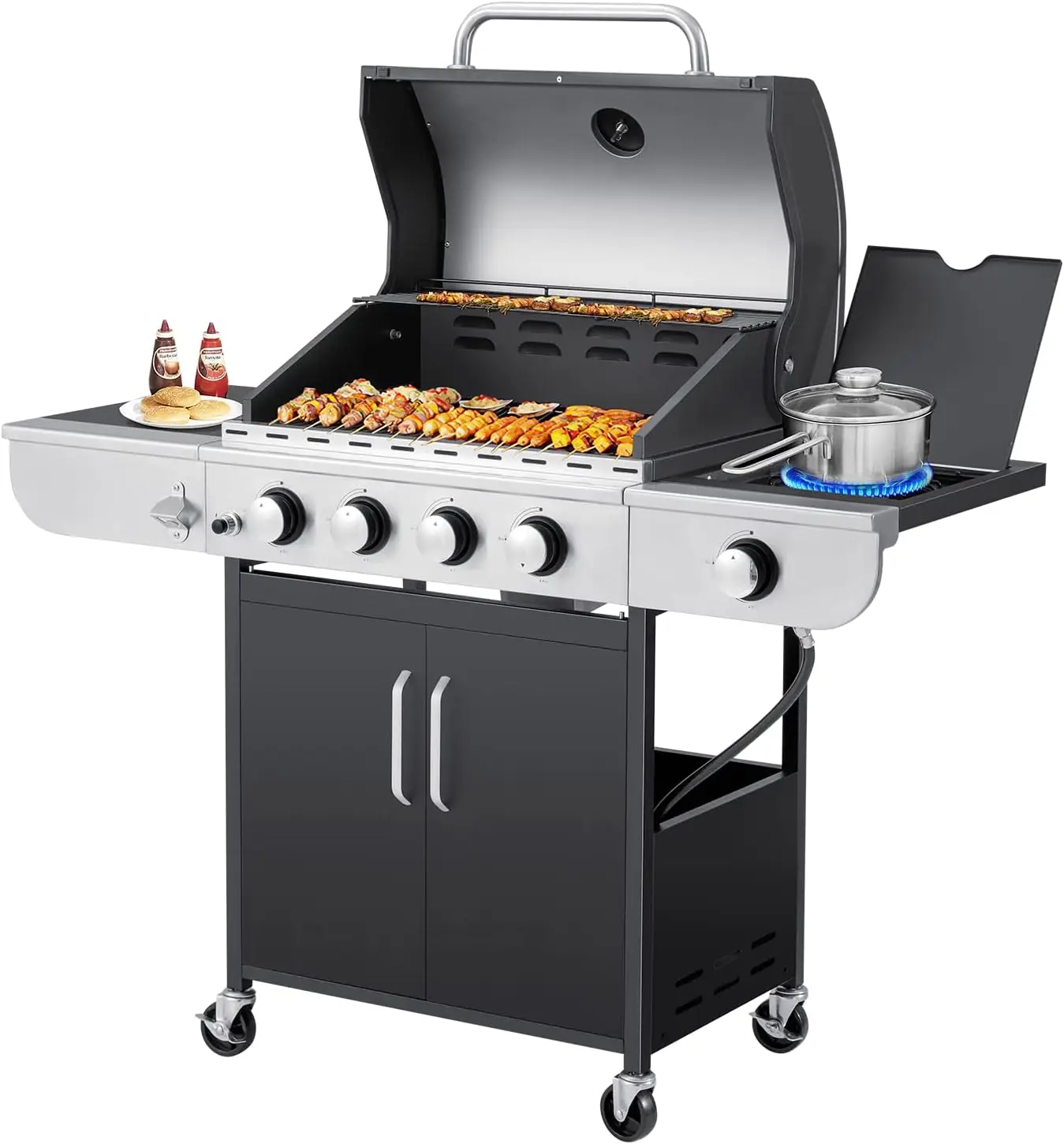 

MELLCOM 4 Burner BBQ Propane Gas Grill, 42,000 BTU Stainless Steel Patio Garden Barbecue Grill with Stove and Side