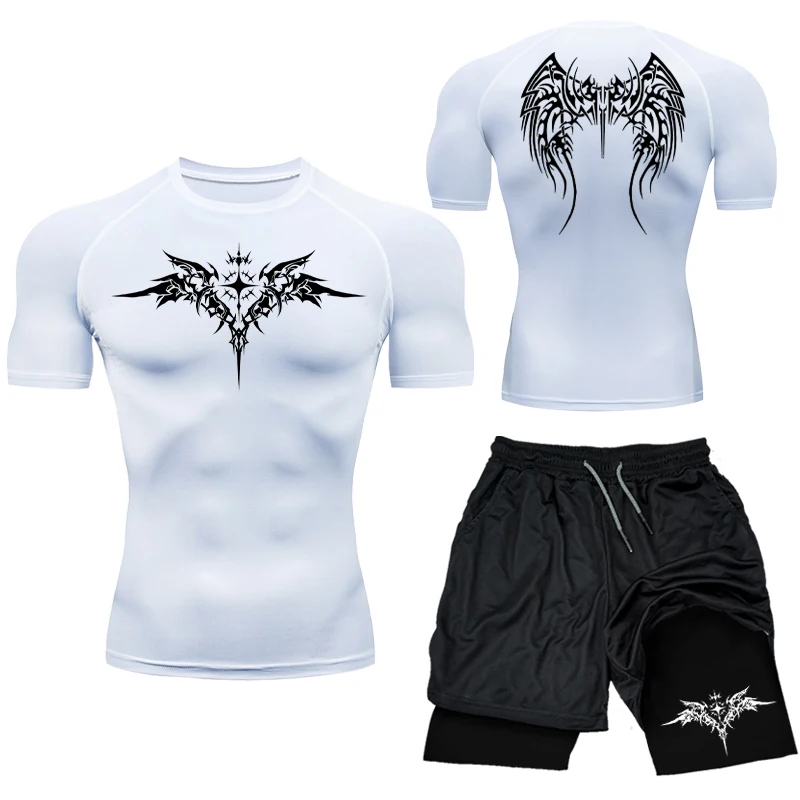 Ropa deportiva de compresión transpirable para correr, camiseta ajustada de dos piezas para entrenamiento de verano para hombre, pantalones cortos de Fitness, conjunto de entrenamiento para gimnasio S-3XL