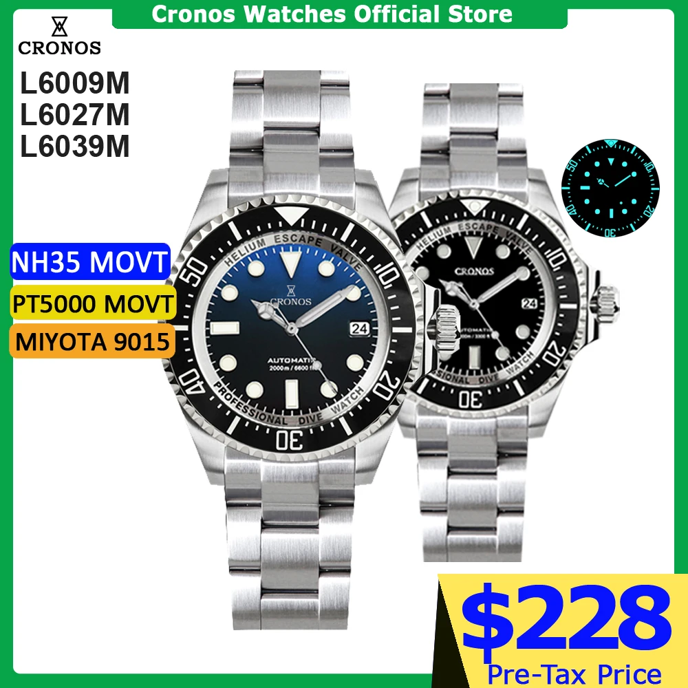 Reloj de Buceo Automático Cronos, Acero Inoxidable, Resistencia al Agua de 2000 Metros, Buceador Profesional, PT5000 SW200 L6027M
