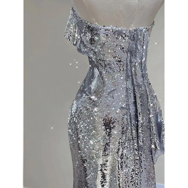 1Pc Ladies Exquisite Sequin Decorative Silver Evening Dress Elegant Temperament Fashion All-Match Light Luxury Strapless Dress