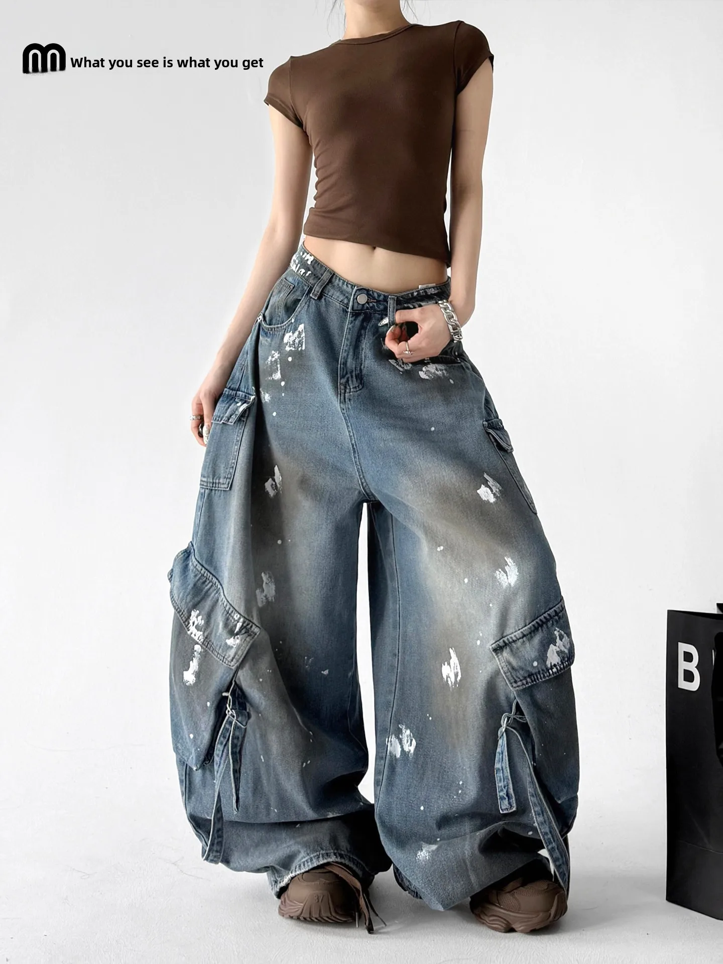 

Trendy American Vintage Wide Leg Workwear Jeans Women's New 2026 High Street Style Multi Pocket Floor Length Pants