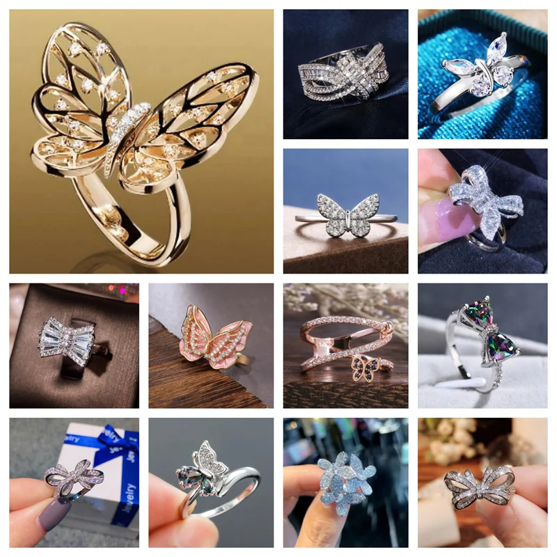 2024 Fresh Style Butterfly Shape Rings for Women Girls Exquisite Finger Accessories Elegant Jewelry Party Gift Wholesale Bulk