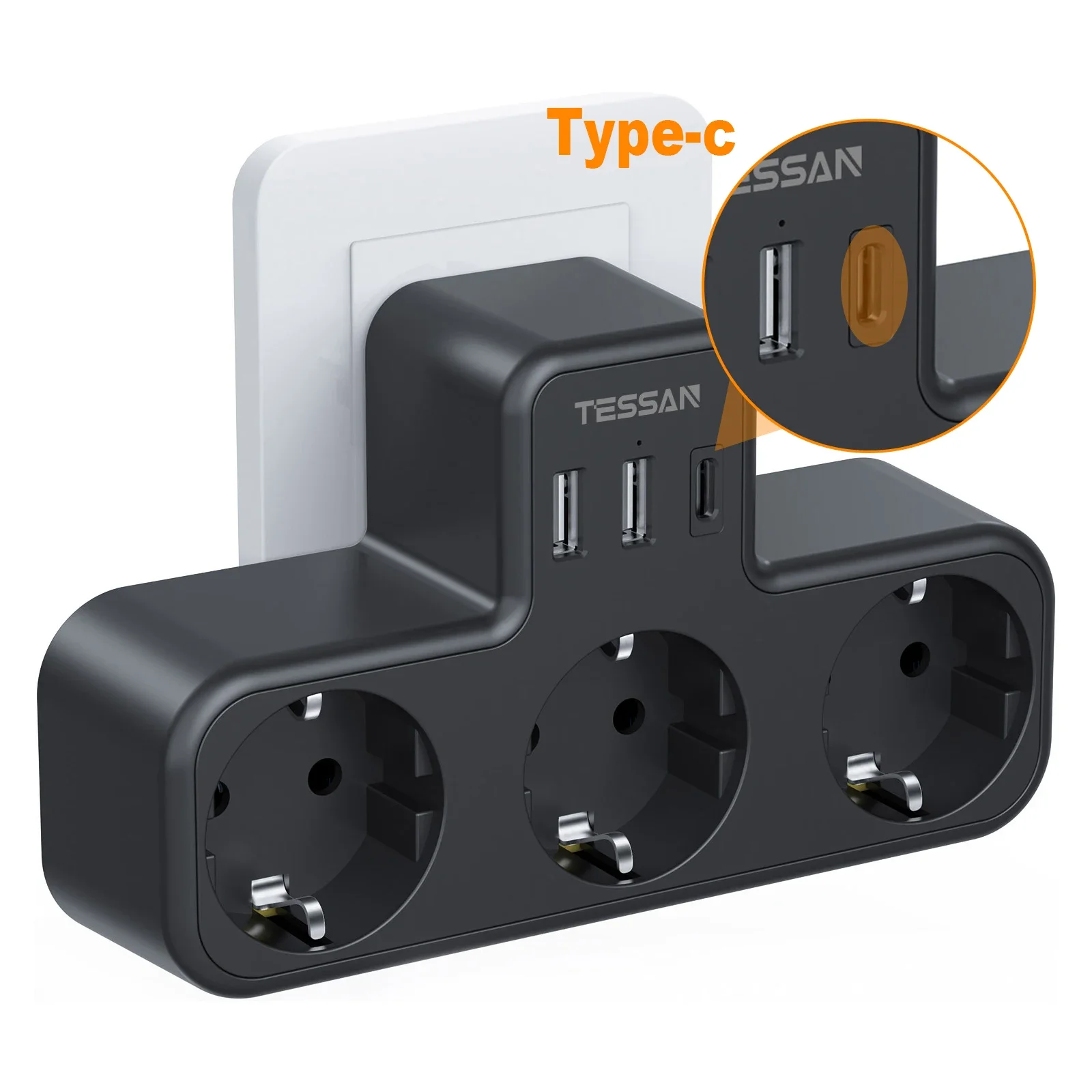 TESSAN Mehrfach-USB-Steckdose, 6-in-1-Steckdose nach EU-Standard mit 3 AC-Steckdosen, Adapter, Wandladegerät für das Heimbüro