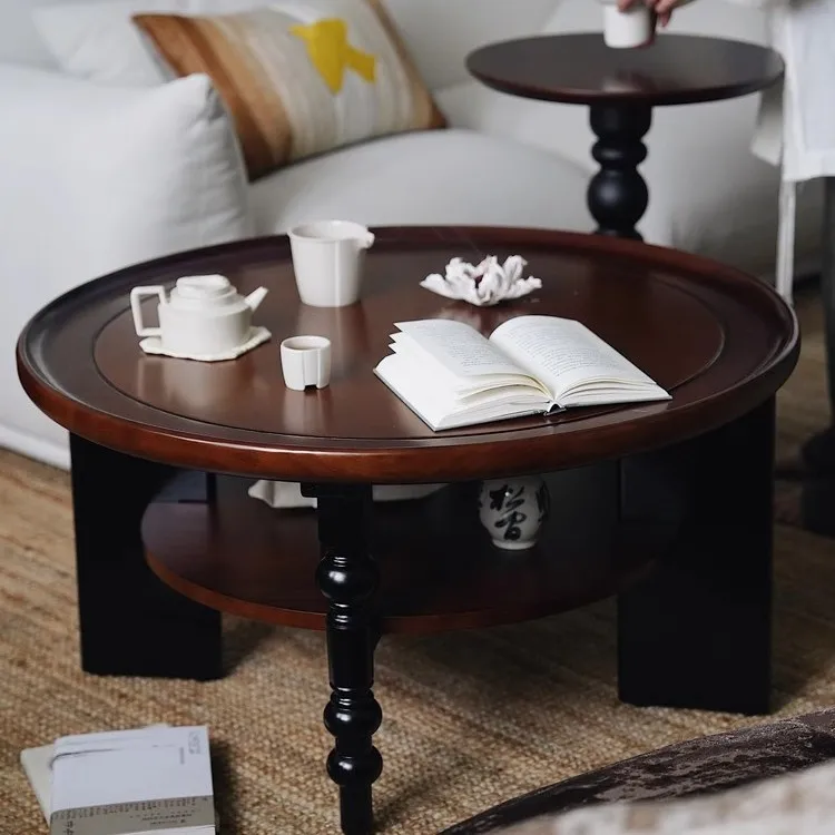 Retro solid wood coffee table, living room, household small apartment, round double-layer low , American French medium