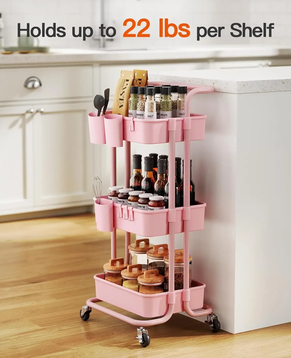 3-Tier Rolling Cart with Wheels, Rolling Storage  with 3 Hanging Cups & 4 Hooks, Mobile Utility Cart,