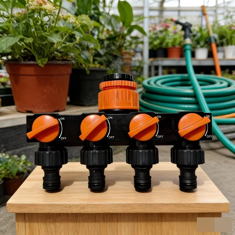 4-Way Garden Hose Splitter with 4 Independent Switches, Universal Connector for Outdoor Watering Systems, Leak-Proof Design