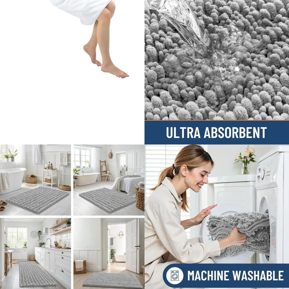 

Soft Chenille Bath Mat 70x24, Absorbent, Non-Slip, Quick-Dry for Bathroom, Shower, Home Decor, Light Grey